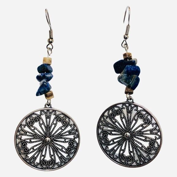 Lapis Lazuli Navy Blue Stone Paisley Flower Silver Tone Drop Dangle Earrings - Picture 2 of 5